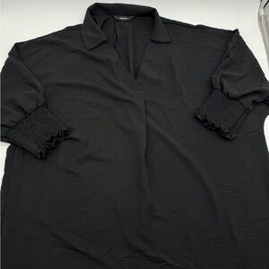 Chic Oversized Black Blouse with V Neck‎ Collar and Smocked Short Sleeves, XL